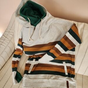 Ampersand Hoodie with block stripes, double hood and faux zipper. Thumb slots